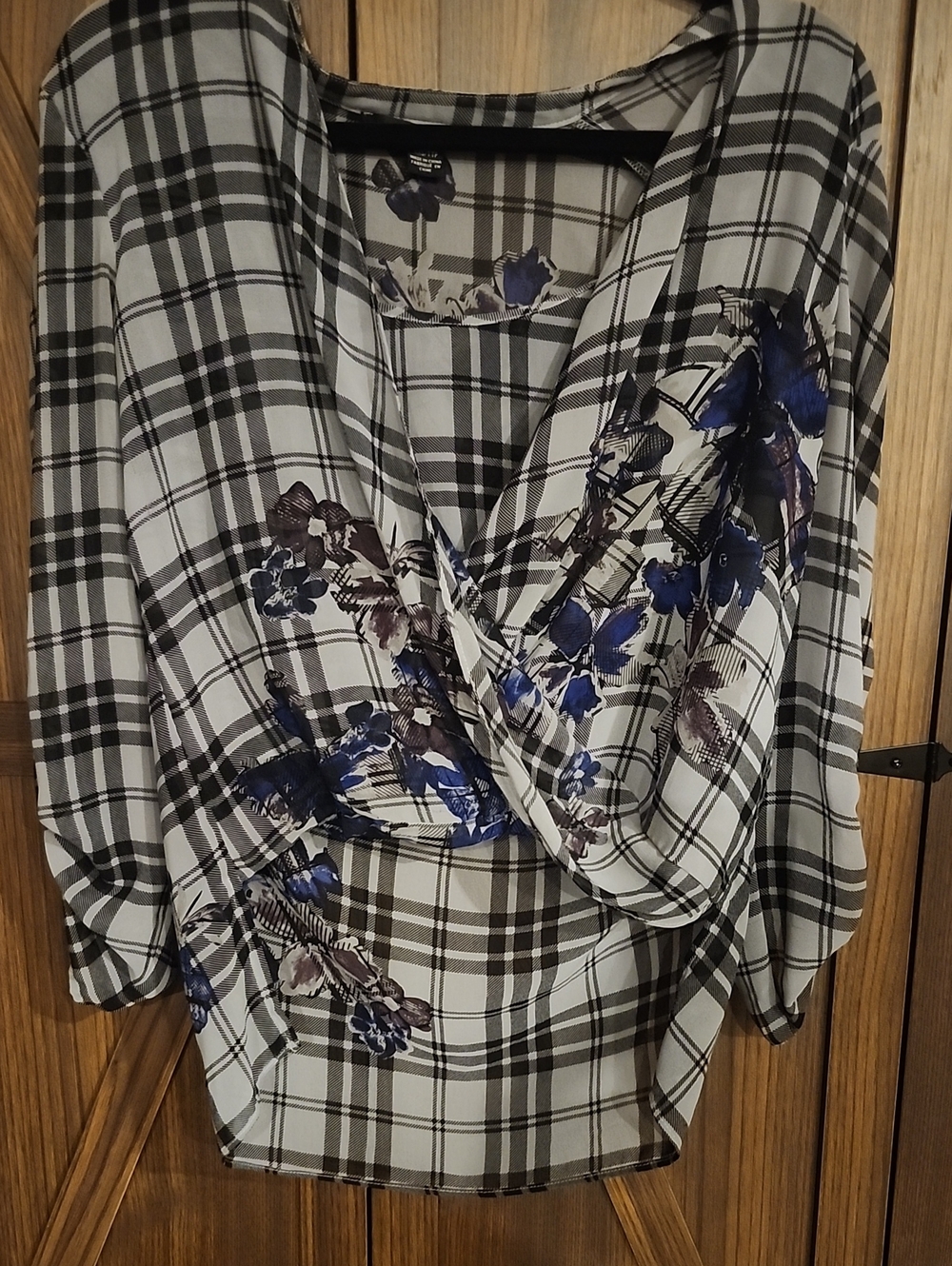 le chateau Black and White Plaid Wrap Blouse with Blue Floral Print
